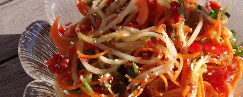 Koolhydraatarme noodles - Komkommer-wortel noodles met Aziatische dressing - gezonde rauwkost